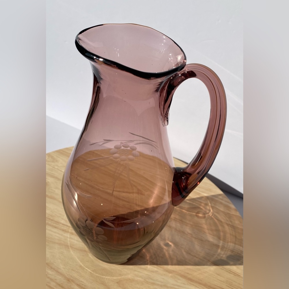 Vintage Amethyst Pitcher Art Glass Etched Detailing Gorgeous Perfect Condition